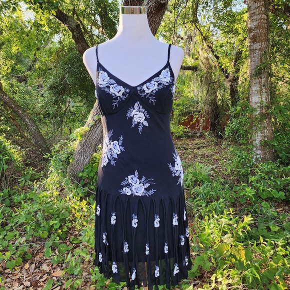 VTG Y2K Sue Wong Nocturne Silk Dress Beaded Women's 10 Witchy Whimsy Fairy Goth - Picture 1 of 16